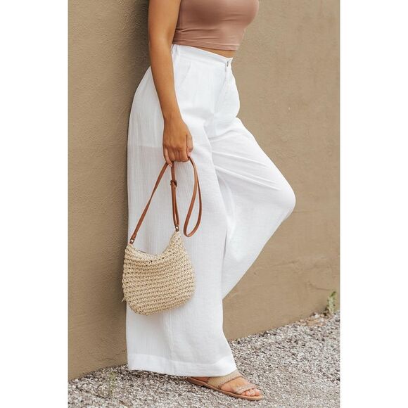 Azura Exchange  White Solid Color Elastic Waist Pleated Wide Leg Pants - Picture 7 of 8